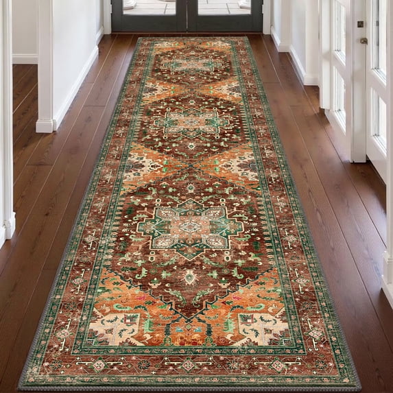 2'x8' Runner Rugs, Yamaziot Washable Brown Rug Runner with Rubber Backing, Non Slip Vintage Carpet Accent Rug for Hallway Bedroom Laundry Room