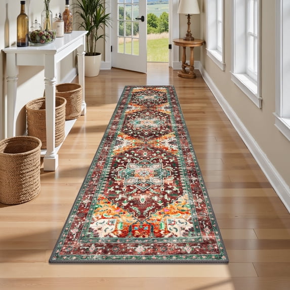 2'x8' Runner Rugs, Yamaziot Washable Brown Rug Runner with Rubber Backing, Non Slip Vintage Carpet Floor Mat Accent Rug for Hallway Bedroom Kitchen Laundry