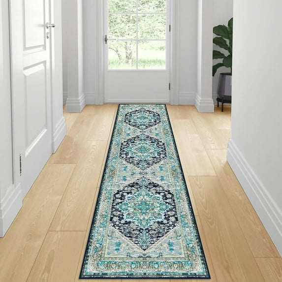 2'x8' Vintage Area Rugs, Soft Washable Distressed Thin Rugs for Kitchen Bedroom, Non-Slip Foldable Indoor Carpet,Blue&Green