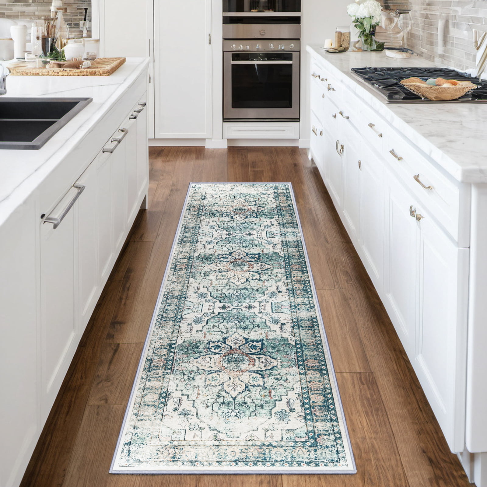 2'x8' Vintage Area Rugs,Soft Washable Distressed Thin Rugs for Kitchen Bedroom,Non-Slip Foldable Indoor Carpet,Dark Green