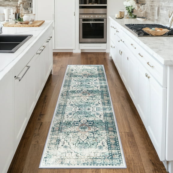 2'x8' Vintage Area Rugs,Soft Washable Distressed Thin Rugs for Kitchen Bedroom,Non-Slip Foldable Indoor Carpet,Dark Green