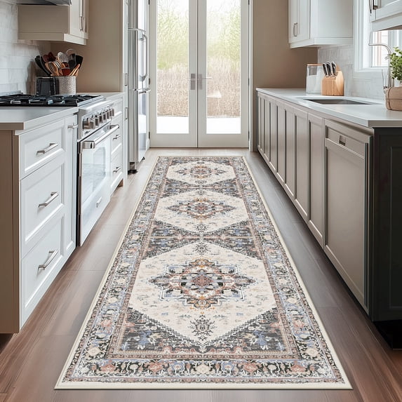 2'x8' Vintage Area Rugs, Soft Washable Distressed Thin Rugs for Kitchen Bedroom, Non-Slip Foldable Indoor Carpet,Khaki