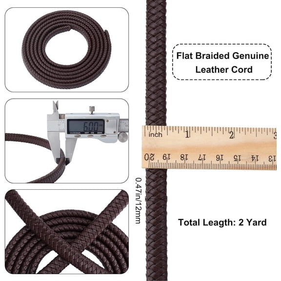 2 yard 2 Yards 12mm Fold Flat Genuine Leather Strap Cord Leather String Lace Strips Braiding String Roll for Jewelry Making DIY Craft Bracelets Belts Keychains(Coconut Brown)