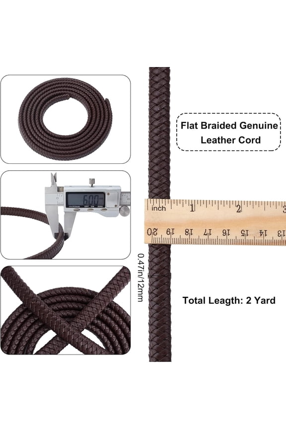 2 yard 2 Yards 12mm Fold Flat Genuine Leather Strap Cord Leather String Lace Strips Braiding String Roll for Jewelry Making DIY Craft Bracelets Belts Keychains(Coconut Brown)