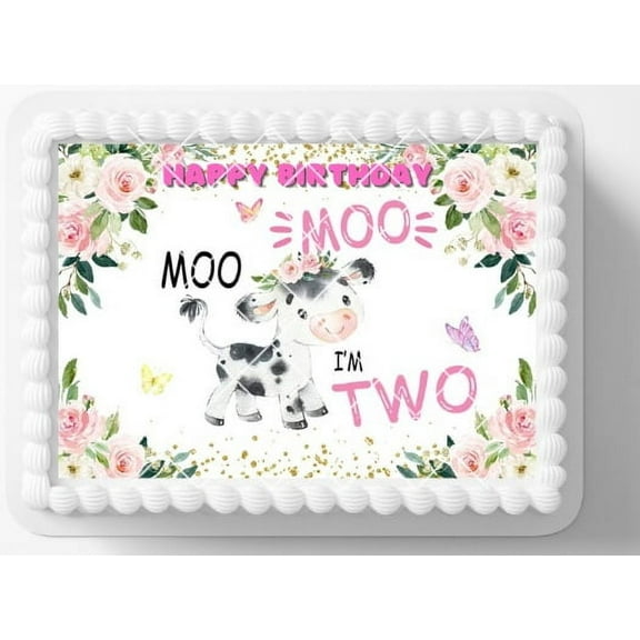 2 year Old Farm Barnyard Moo Cow Image Edible Cake Topper Birthday Cake Decoration Edible Photo Paper For 1/4 to 1/2 sheet Cake 10" by 8" rectangle You add To Your Own Cake.