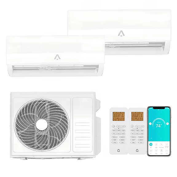 20,000 BTU Dual Zone Mini Split AC & Heat Pump – 20 SEER2 High Efficiency, 2x 9,000 BTU Indoor Units, WiFi Smart Control, R454B Refrigerant, 230V Pre-Charged Condenser & Copper Line Set