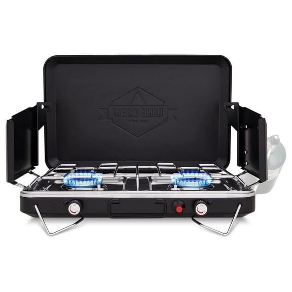 20,000 BTU Portable Propane 2 Burner | Integrated Igniter & Stainless Steel Drip Tray | Built-in Carrying Handle, Foldable Legs, Wind Panels | Includes Regulator