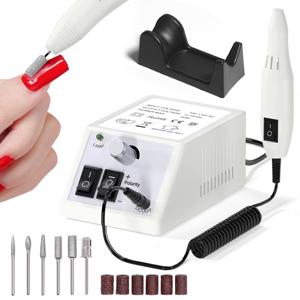 20,000 RPM Professional Electric Nail Drill Set – Nail Art Polisher & Gel-Polish Remover Kit with 6 Bits, Portable Grinder for Home & Salon Manicure/Pedicure