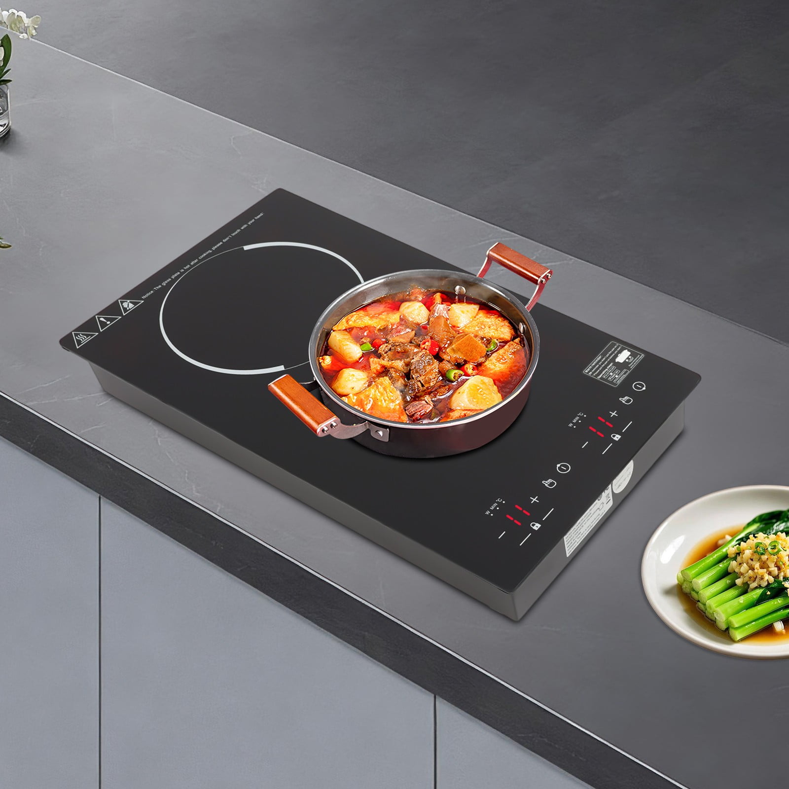 20.08*11.34*3.35 inch Portable Induction Cooker with 2 Burner Independent Control Black for Home Kitchens