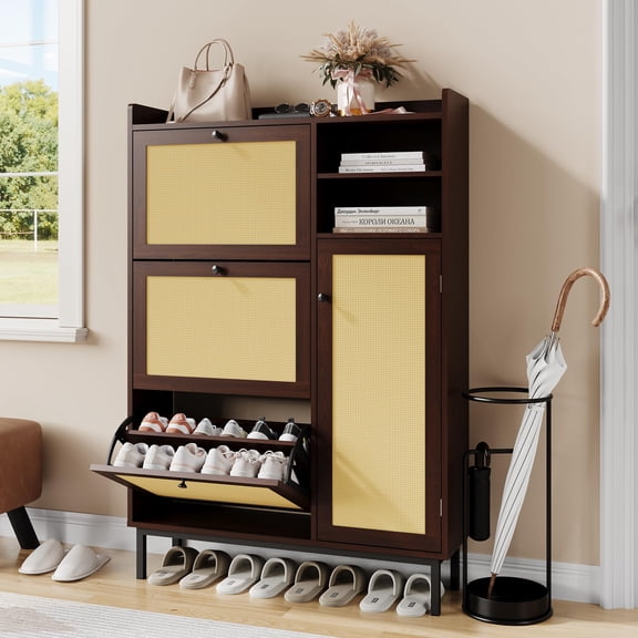 20.08-Inch Shoe Cabinet with 3 Drawers and 1 Door, Particle Board Shoe Storage Organizer with Adjustable Shelves, Anti-Tip Design, Hooks, Top Shelf, Deep Cherry Color