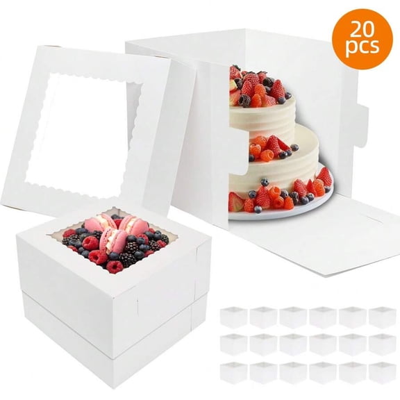 20/10pcs Cake Boxes - White Bakery Boxes with Window (Multiple Sizes), Large Baking Boxes for Valentine's Day, Mother's Day, Pastries, Pies & Desserts
