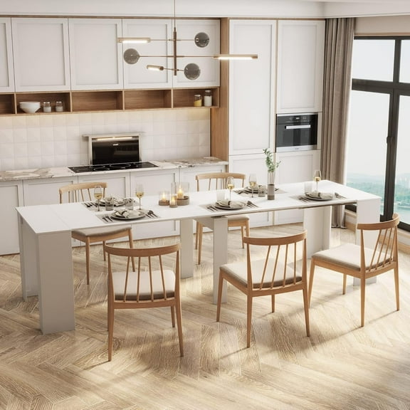 20"-118" White Extendable Dining Table for 2-12 People, Modern Modular Extension Table, Space-Saving Extra Long Folding Dining Table, Multifunctional Conference Meeting Table