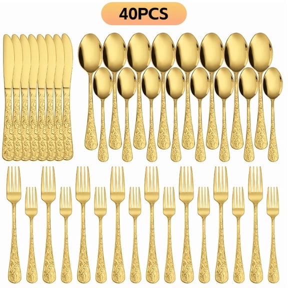 20 - 120pcs Engraved Stainless Steel Flatware in Silver/Gold/Rainbow. With Steak Knives. Ideal for Family, Weddings, Parties. Dishwasher & Oven Safe - Great Christmas Gift