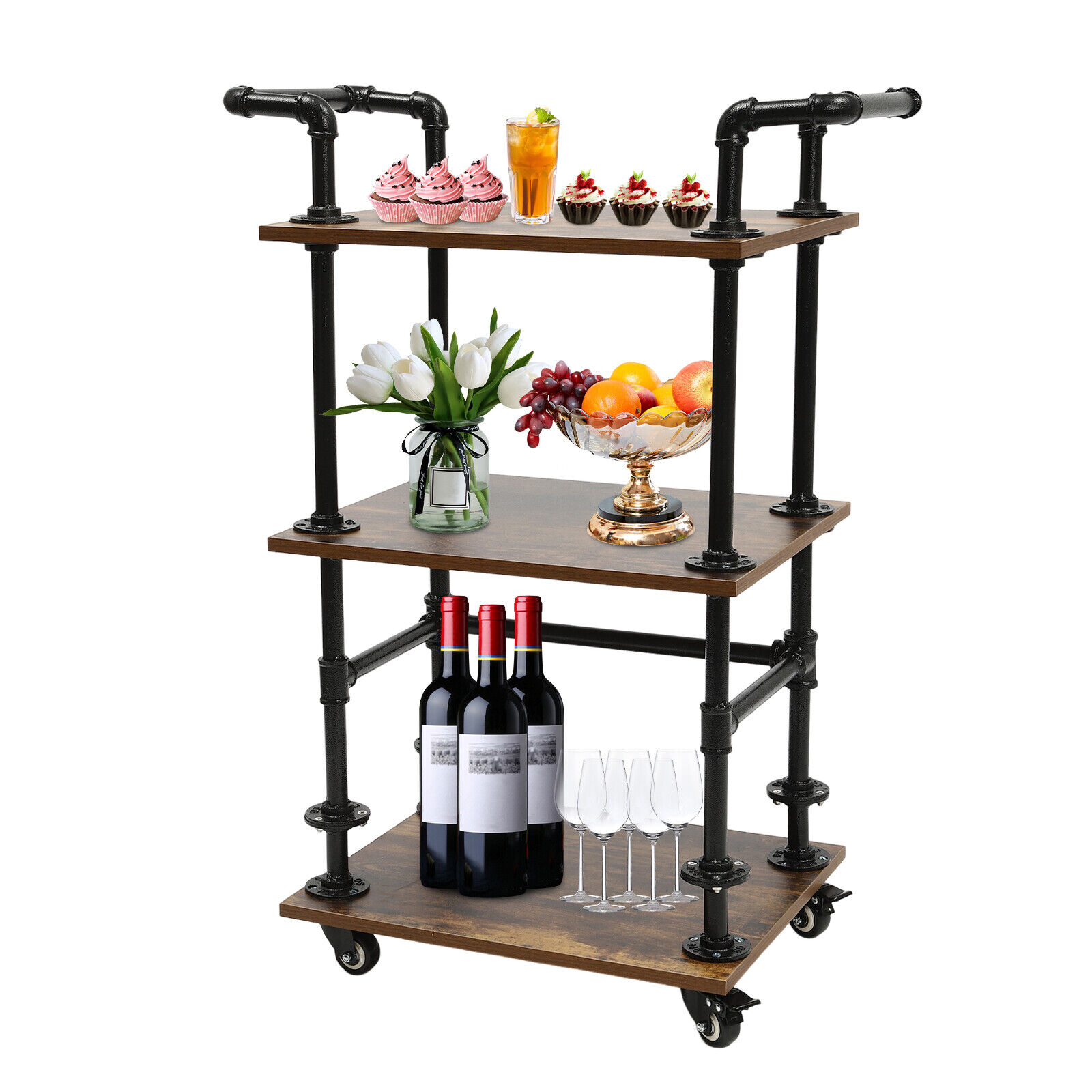 20*16*37" Industrial Pipe Bar Carts Serving Carts with Storage Shelves,Kitchen Carts Wine Rack 3