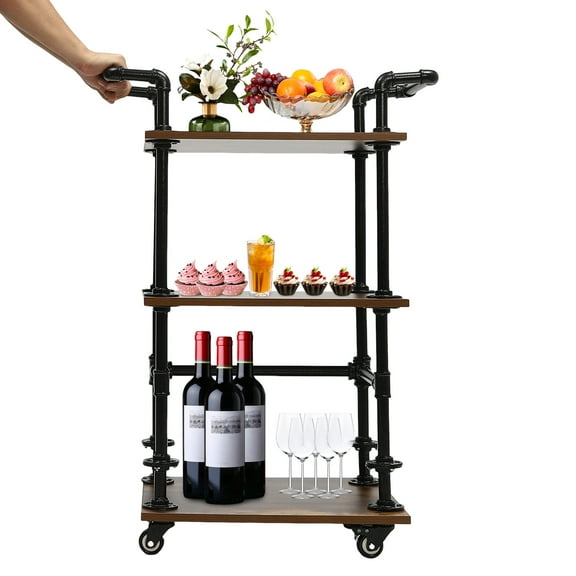 20*16*37" Industrial Pipe Bar Carts Serving Carts with Storage Shelves,Kitchen Carts Wine Rack 3-Tier Brown
