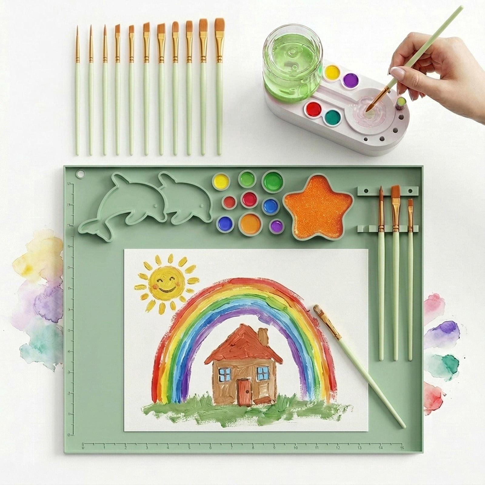 Silicone Art Mat Set, Reusable Art Mat, Includes 10 Paintbrushes and Brush Cleaner, Children's DIY Art Supplies