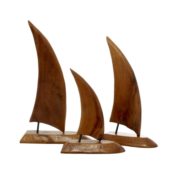 20", 17", 13"H Brown Teak Wood Handmade Sail Boat Sculpture, by DecMode (3 Count)