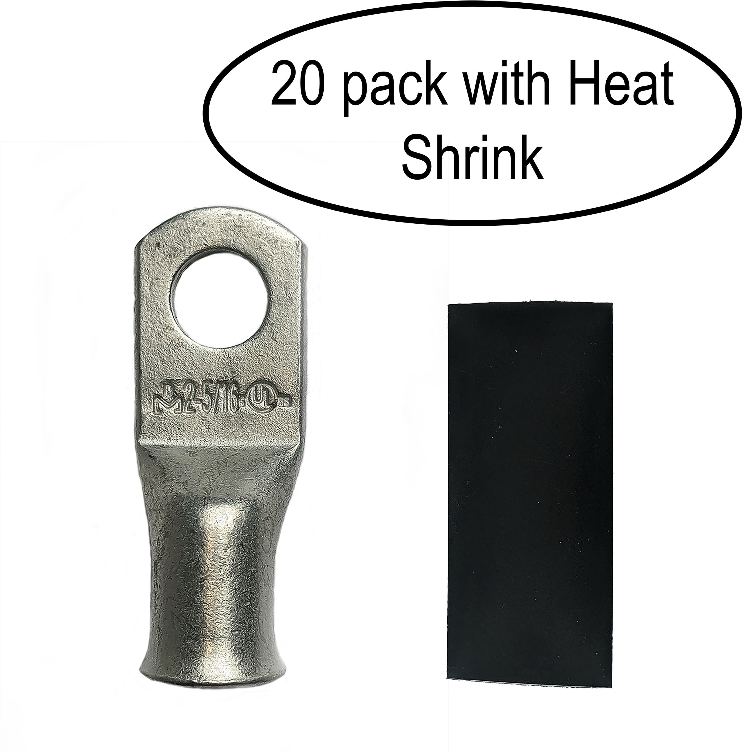 (20) 2 AWG Ring 5/16" Hole Tin Plated Copper Cable Lug Gauge With Heat Shrink