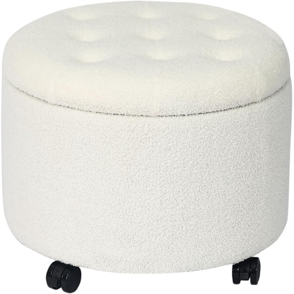 20.2" Round Storage Ottoman with Rolling Wheels, Teddy Velvet Ottomans with Storage Tufted Upholstered Foot Rest Stool Hidden Storage Footstool for Living Room Bedroom Dorm,White