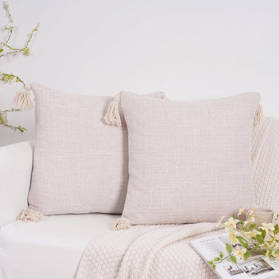 2020 Inch Decorative Natural Cotton Linen Throw Pillow Covers Boho Farmhouse Pillow Cover with Tassels Pack of 2, Accent Outdoor Pillowcase Sofa Cushion Livingroom Home Decor, White