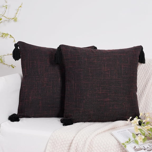 2020 Inch Decorative Natural Cotton Linen Throw Pillow Covers Boho Farmhouse Pillow Cover with Tassels Pack of 2, Accent Outdoor Pillowcase Sofa Cushion Livingroom Home Decor, Black and Red