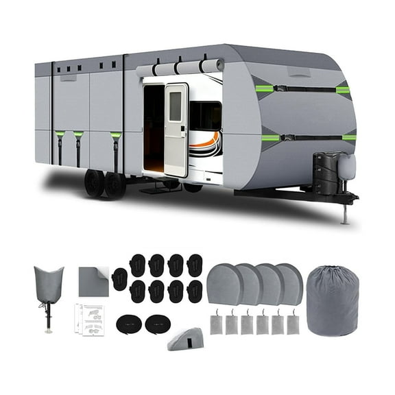 20-22FT RV Cover Upgraded 8 Layers Top Camper Cover Travel Trailer RV Cover with Waterproof PU Coating Extra Long Windproof Ropes(Non-Woven Fabric)