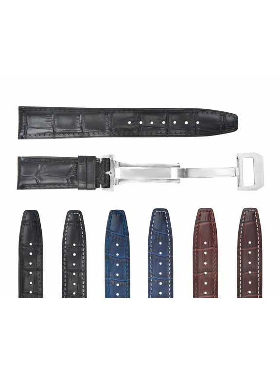 20mm REPLACEMENT LEATHER WATCH BAND STRAP, Black, Polished Silver Buckle, Compatible With IWC PILOT PORTUGUESE TOP GUN