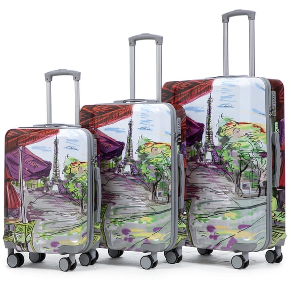 20" 24" 28" 3-Piece PC Hardshell Spinner Luggage Set with Printed Pattern, TSA Lock & Silent Wheels for Travel