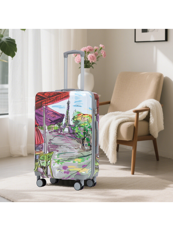 20"/24"/28" 3 pcs/set in PC Spinner Wheel Luggage, Carry on Suitcase, With Printed pattern and Combination Lock (Coffee+Iron Tower)