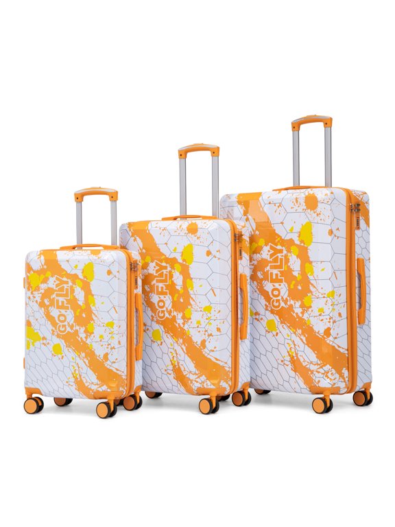 20"/24"/28" 3 pcs/set in PC Spinner Wheel Luggage, Carry on Suitcase, With Printed pattern and Combination Lock (Orange)