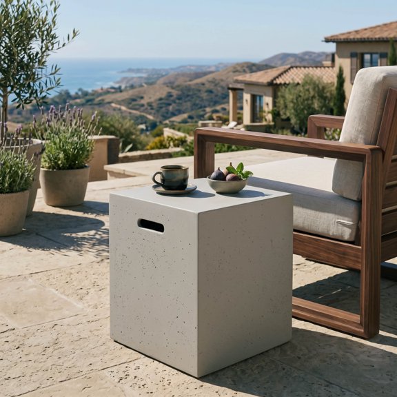 20.25 Inch Lightweight Concrete Propane Tank Holder Side Table, 16.25"W×16.25"D Modern Minimalist Multi-Functional Outdoor Storage Cover Table for Patio Backyard