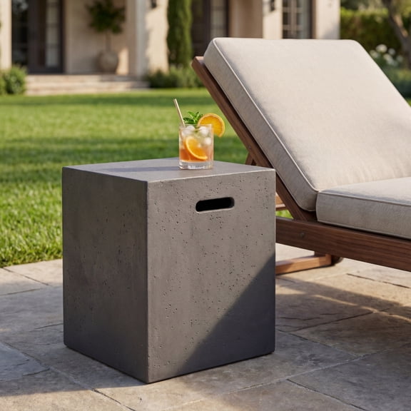 20.25 Inch Lightweight Concrete Propane Tank Holder Side Table, 16.25"W×16.25"D Modern Minimalist Multi-Functional Outdoor Storage Cover Table for Patio Backyard