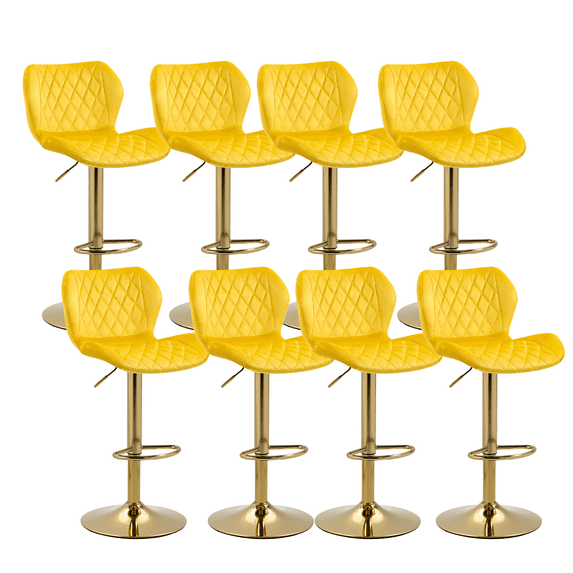 20-28 Inch Velvet Bar Stools, Counter Height Adjustable Swivel Barstools High Bar Chairs with Golden Color Base, Stools Chair with Footrest for Home Kitchen Island, Pub(Yellow,Set of 8)