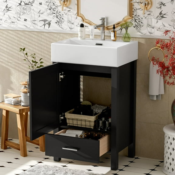 20.28'' Modern Bathroom Vanity with Ceramic Sink,Freestanding Wood Storage Cabinet with Soft-Close Doors and Drawers,Black