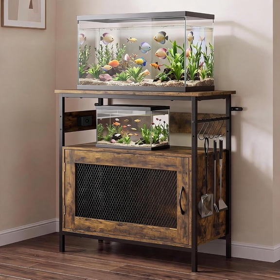 20-29 Gallon Aquarium Stand with Built-In Power Outlet and Storage Cabinet, 380 lbs Heavy-Duty Metal and Particle Board Fish Tank Stand with Hooks for Fish, Reptile and Small Pet Tanks, Rustic Brown
