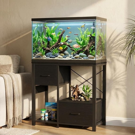 20-29 Gallon Aquarium Stand with Power Outlet, Heavy Duty Metal and Wood Fish Tank Stand with 6-Leg Support & 4-Tier Open Storage Shelves, Stable Base for Reptile, Turtle & Fish Tanks