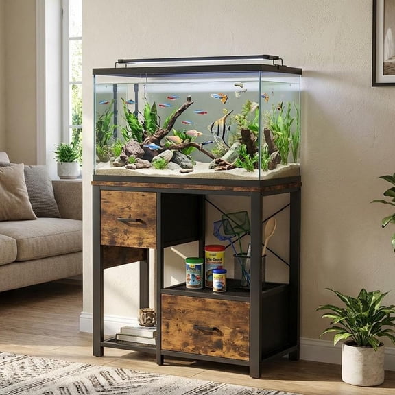 20-29 Gallon Aquarium Stand with Power Outlet, Heavy Duty Metal and Wood Fish Tank Stand with 6-Leg Support & 4-Tier Open Storage Shelves, Stable Base for Reptile, Turtle & Fish Tanks