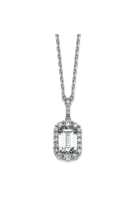 20.2mm Ss Rhodium Plated Fancy Emerald-cut CZ Halo With 2 Inch Extension Necklace 16 Inch Pendant Necklace for Women