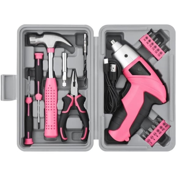20- 3.6V USB Rechargeable Cordless Set - Compact Toolbox with Claw Hammer, -Nose Pliers & Bits, Electric Tool Kit for Women, Ideal