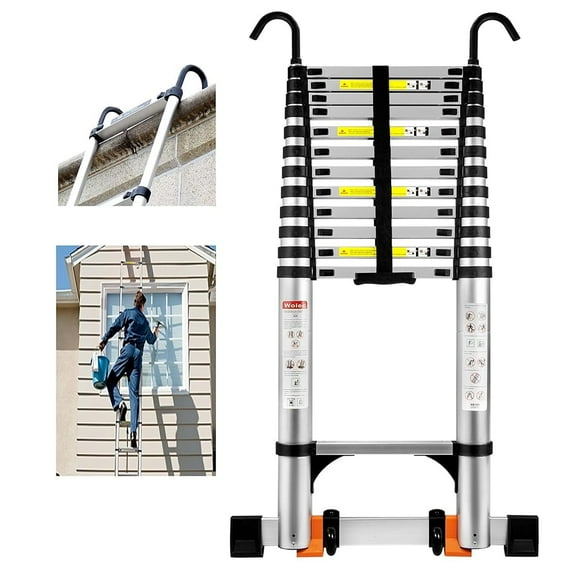20.3 FT Lightweight telescopic ladder with a load capacity of up to 330 lbs | Features a stabilizer bar, wheels, and a top hook | Versatile folding ladder for construction, home, and outdoor use