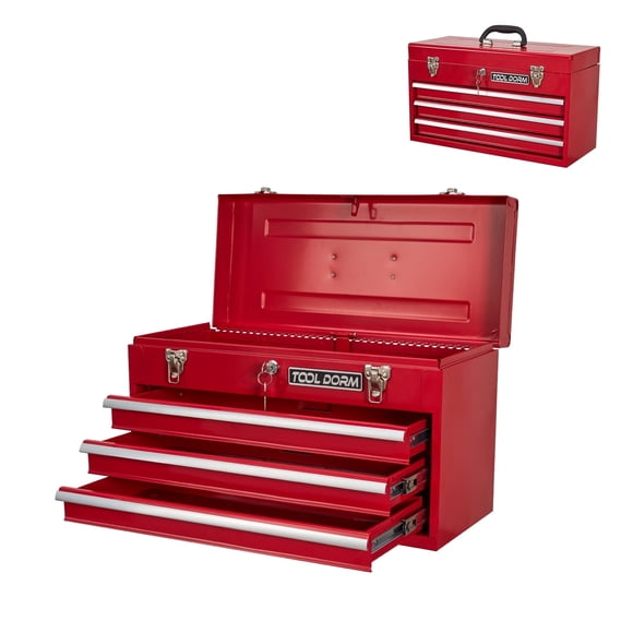 20.3“ Metal Tool Box with Drawer Portable Steel Metal Tool Box with Protective Liner and Metal Latch Closure and Lock for Garage, Home and Warehouse (Red-3 Drawers)