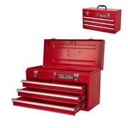 20.3“ Metal Tool Box with Drawer Portable Steel Metal Tool Box with Protective Liner and Metal Latch Closure and Lock for Garage, Home and Warehouse (Red-3 Drawers)