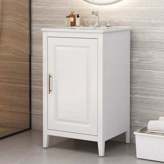 20.3" Modern Bathroom Vanity with Ceramic Sink, Undermount Bathroom Vanity Sink Cabinet with Door and Drawer, Free Standing Bathroom Storage Cabinet with Sink Combo Set