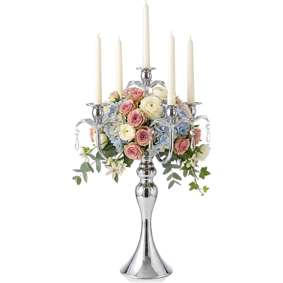 20.3'' Tall 5 Arm Candle Holder Centerpiece for Table, Metal Candelabra Candle Holder, Retro Candlestick Table Centerpieces for Party, Events, Home, Wedding Decor (1Pc, Silver)