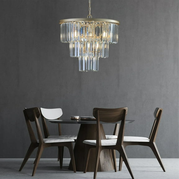 20" 3-Tier Crystal Chandelier, 7-Light Gold Frame Pendant Light for Living Room Dining Room Bedroom, Elegant Ceiling Fixture (No Bulbs)