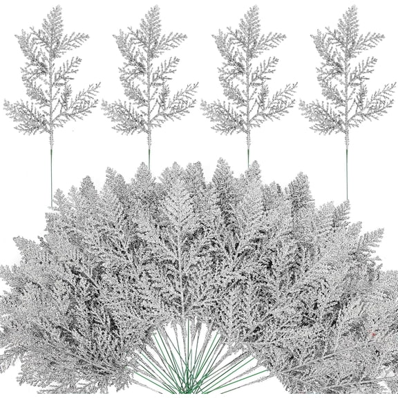 20/30/45 Pcs Glitter Artificial Pine Needles - 10.6" Fake Foliage Pine Stems Picks - Silver Leaves Artificial Flowers Picks for Christmas DIY Wreath Home Garden Decoration