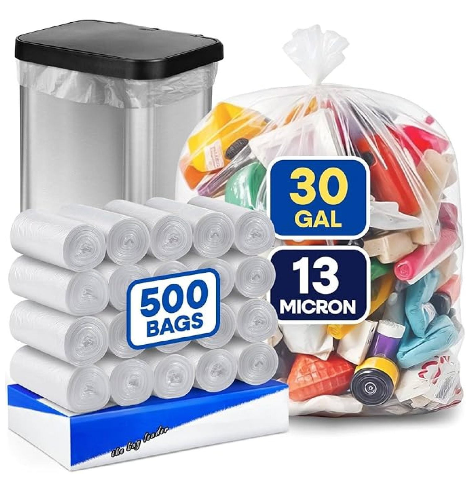 20-30 Gallon Clear Trash Bags, 30"x37", 13 Micron High-Density Garbage Can Liners, Fits Square & Round Bins, Heavy-Duty Recycling Bags for Home, Office, Indoor & Outdoor Use, Pack of 500