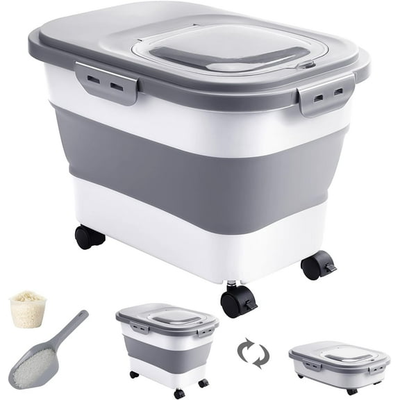 20-30 Lbs Rice Storage Container,Collapsible Food Storage Containers with Rolling Wheel Airtight Locking Lid,Flour Storage Container with Cup and Scoop,Suitable for Food,Rice,Pet Food,Flour