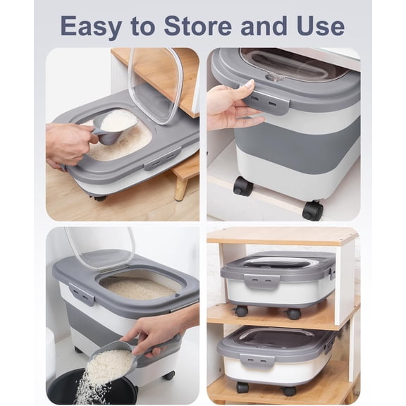 20-30 Lbs Rice Storage Container,Collapsible Food Storage Containers with Rolling Wheel Airtight Locking Lid,Flour Storage Container with Cup and Scoop,Suitable for Food,Rice,Pet Food,Flour