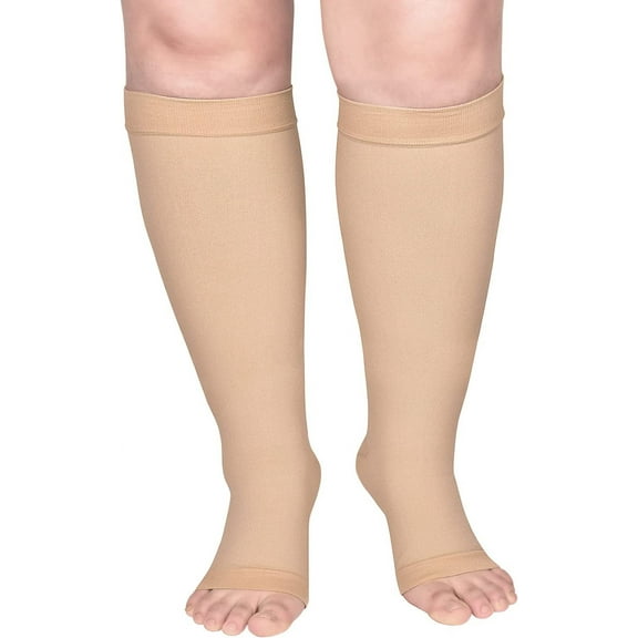 20-30 mmHg Plus Size Knee High Toeless Compression Stockings Wide Calf Compression Socks for Woman Men(Open Toe)